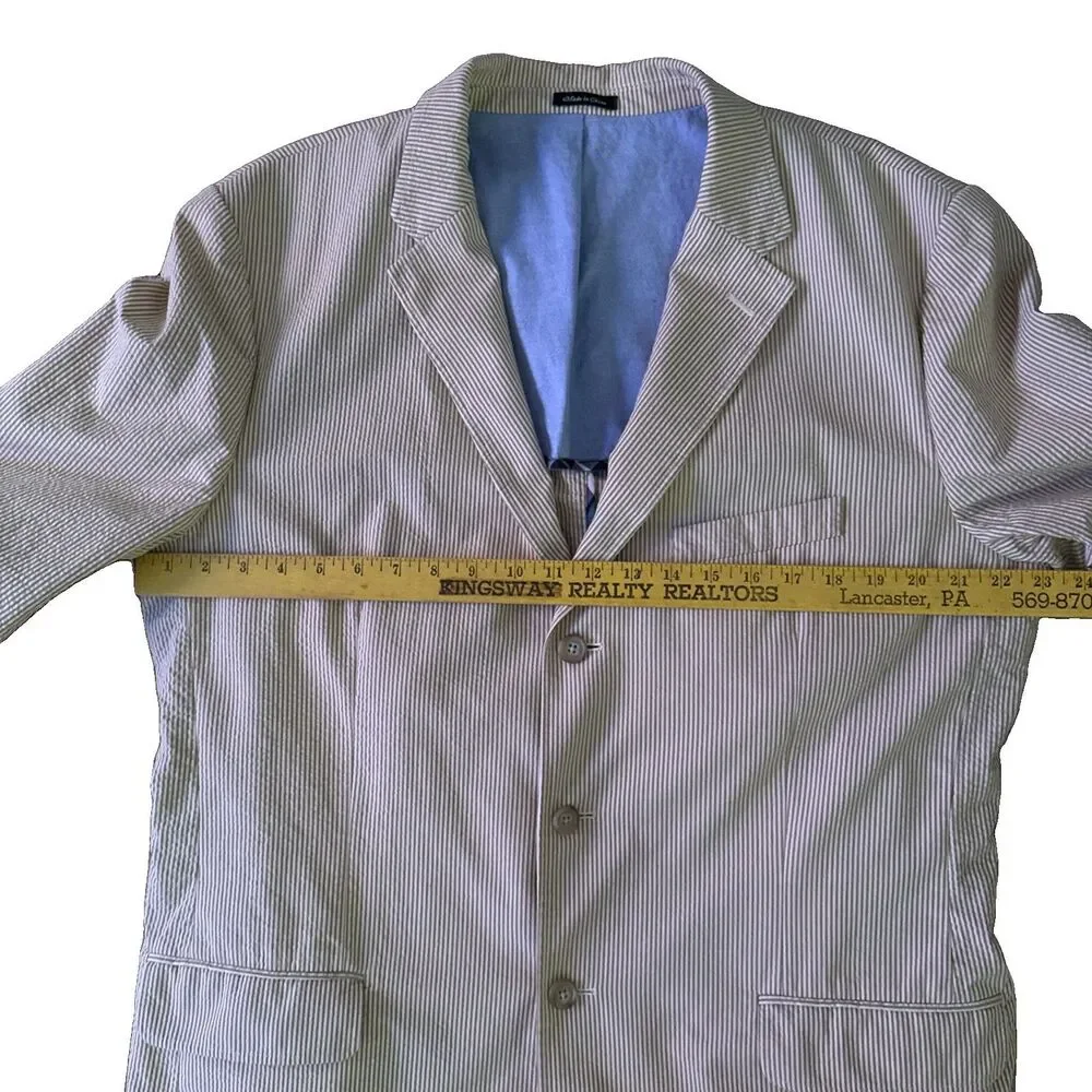 J Crew Seersucker Blazer Mens Size 46 Long Khaki White Striped Cotton Sport Coat